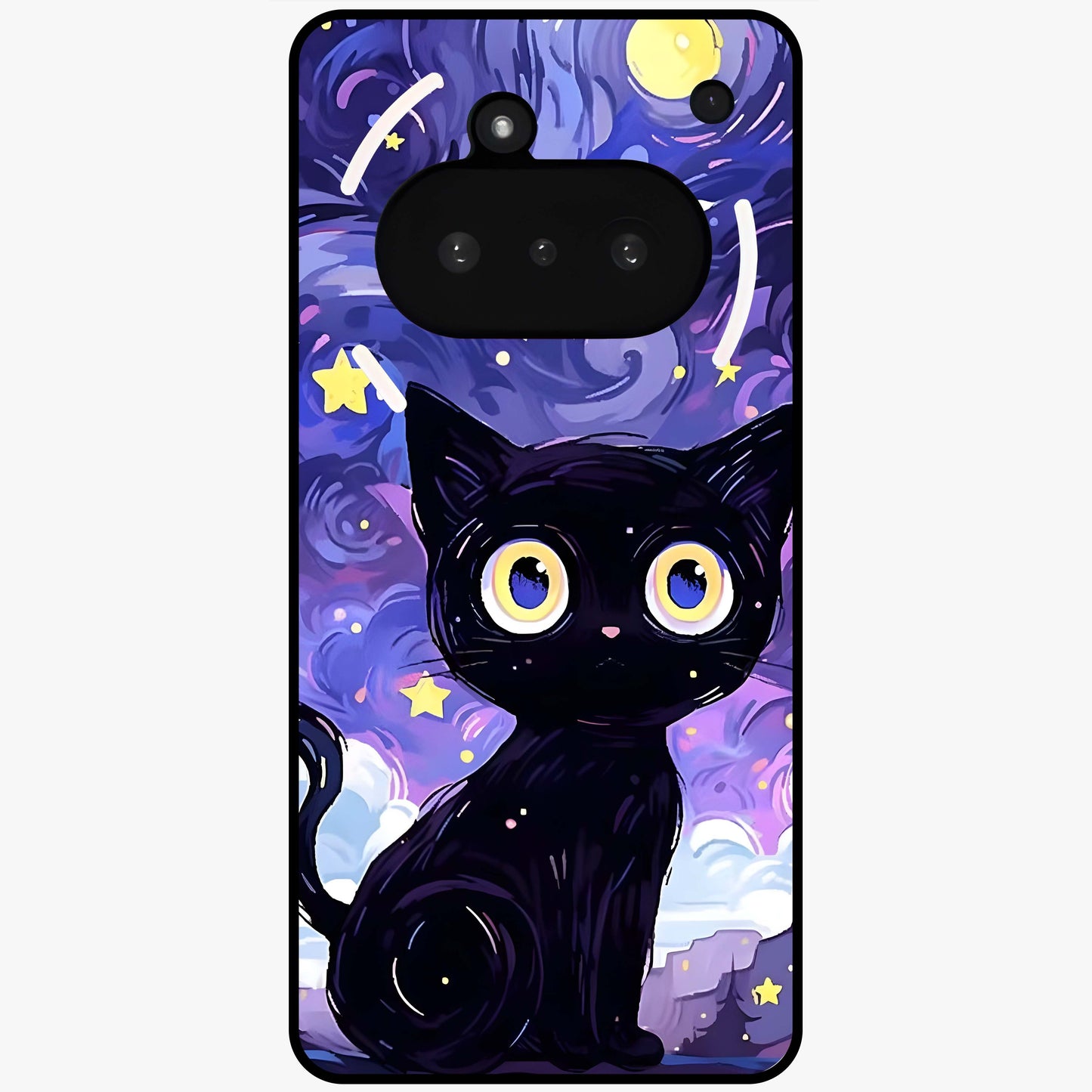 Abstract Cat Art Glass Case showing flat back view with artistic cat illustration and glossy glass finish.