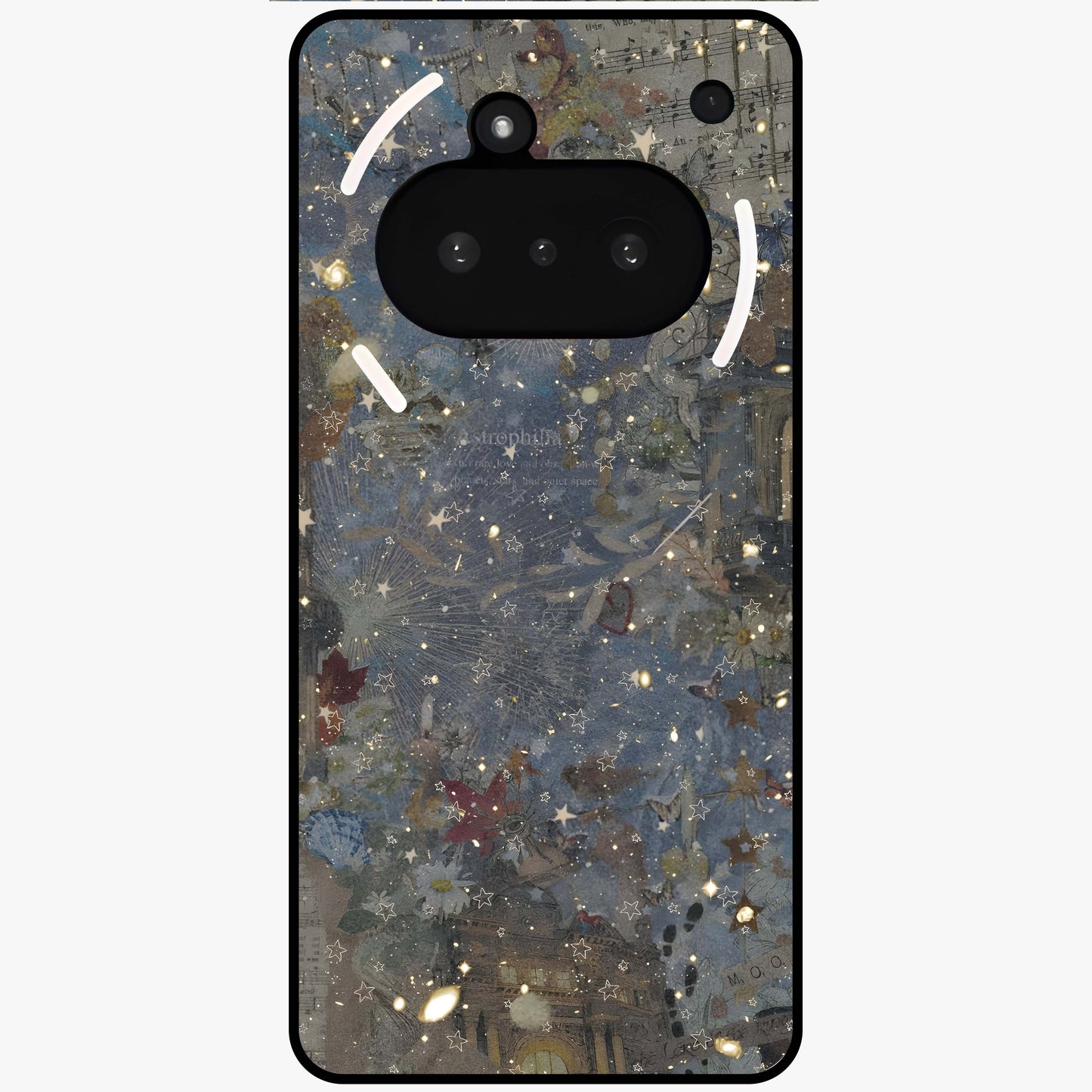 Aesthetic Astrolophia Glass Case showing flat back view with dreamy aesthetic design and glossy glass finish.