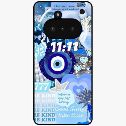 Aesthetic Be Kind Eye Glass Case showing flat back view with motivational eye artwork and glossy glass finish.
