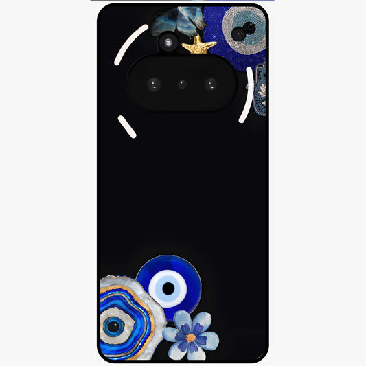 Aesthetic Blue Evil Eye Glass Case showing flat back view with protective evil eye artwork and glossy glass finish.