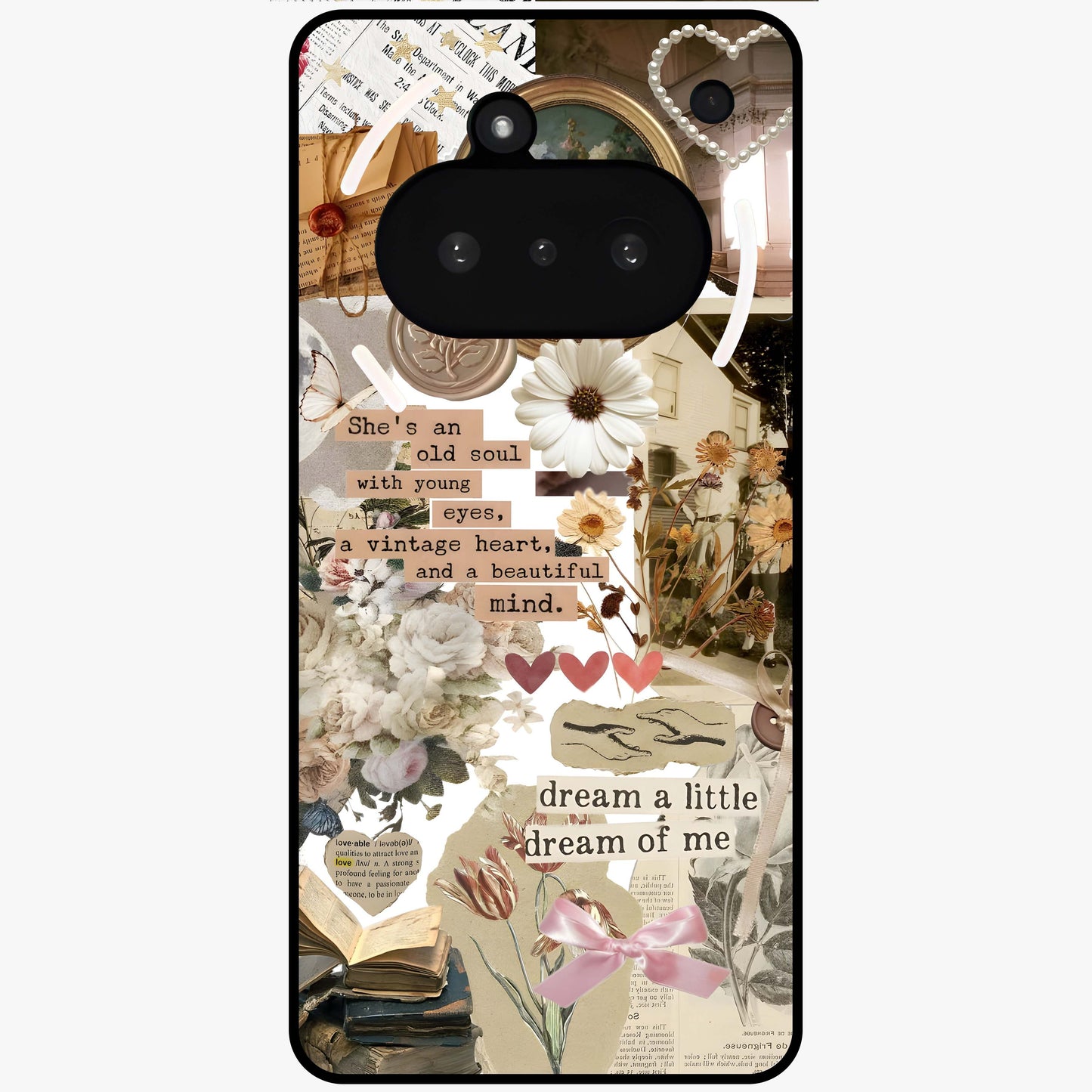 Aesthetic Brown Vintage Collage Glass Case showing flat back view with retro collage artwork and glossy glass finish.