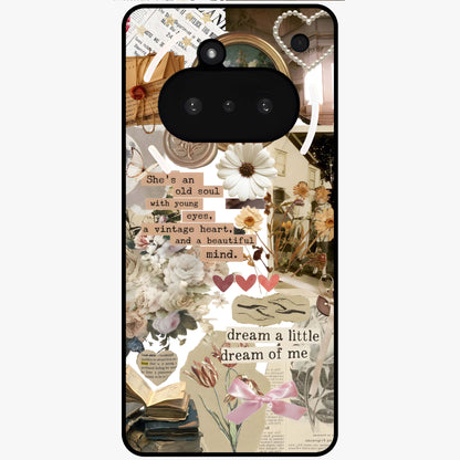 Aesthetic Brown Vintage Collage Glass Case showing flat back view with retro collage artwork and glossy glass finish.