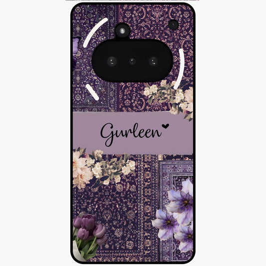 Antique Floral Whisper Custom Name Glass Case showing flat back view with vintage floral artwork and personalized name design.