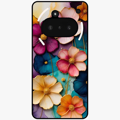 Artlyn Grace Flower Pattern Glass Case showing flat back view with elegant floral pattern artwork and glossy glass finish.