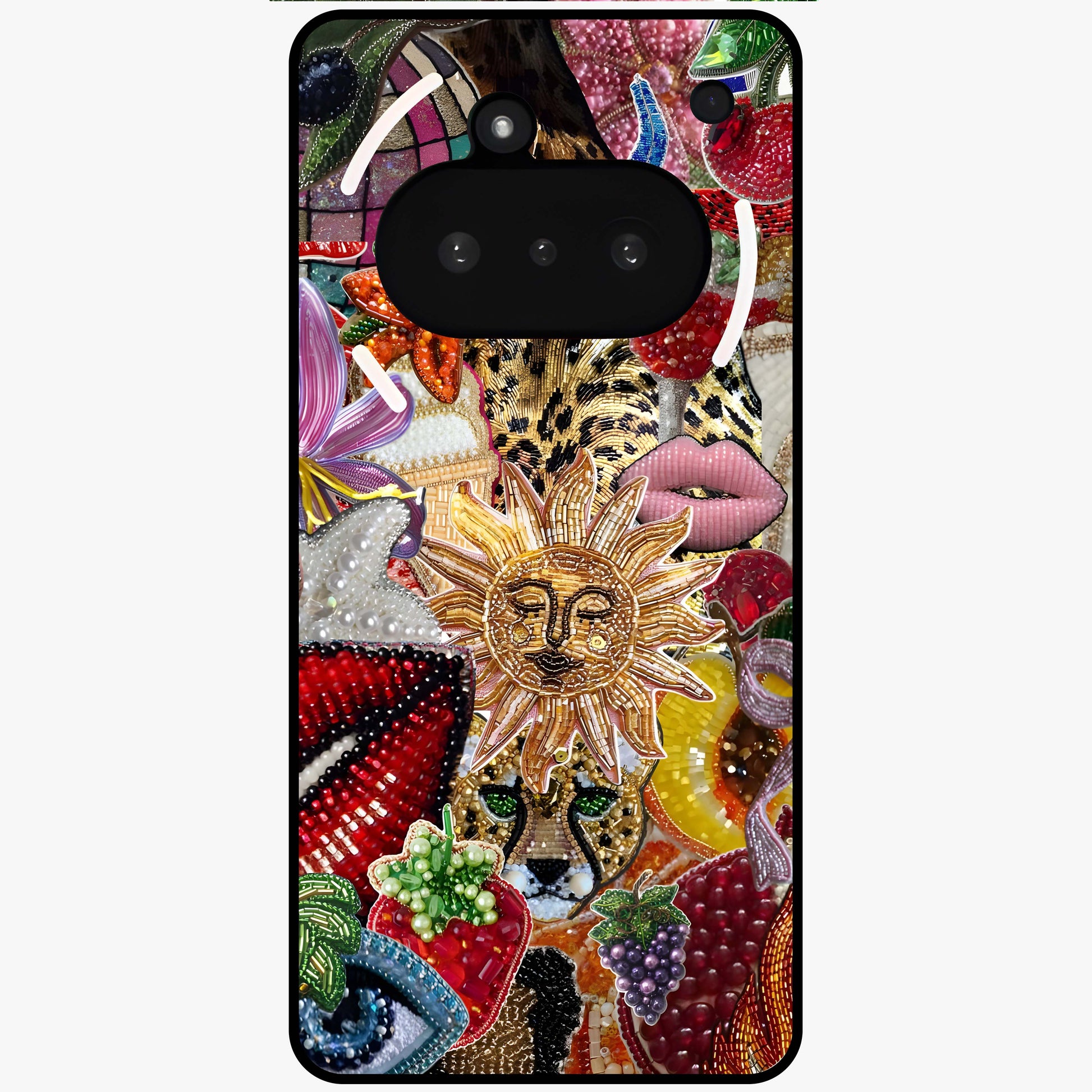 Beaded Fashion Jungle Glass Case showing flat back view with vibrant jungle inspired bead artwork and glossy glass finish.