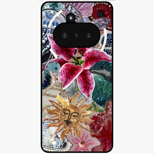 Beaded Garden Fantasy Glass Case showing flat back view with dreamy garden bead artwork and glossy glass finish.