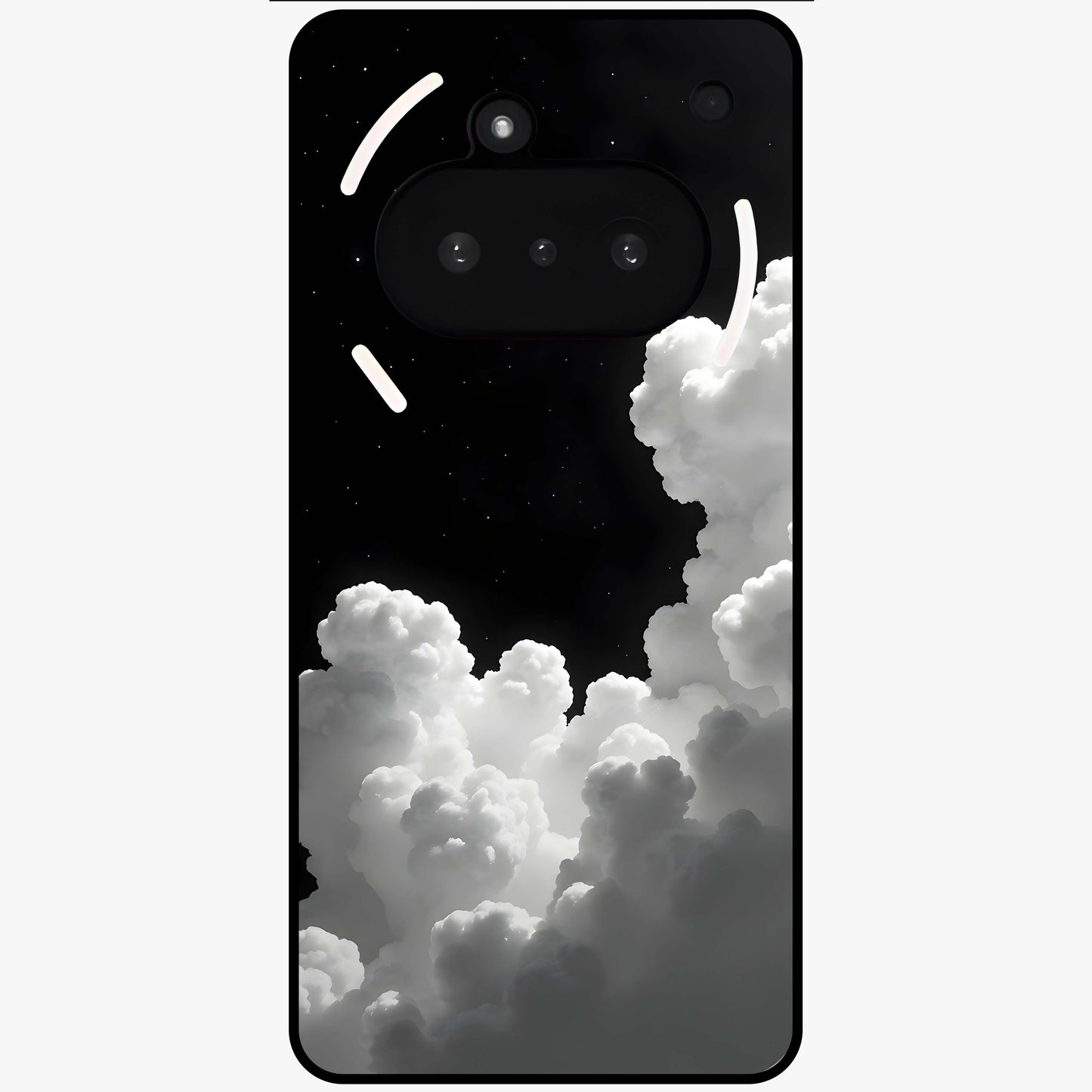 Black Background With White Cloud Glass Case showing flat back view with minimal cloud artwork on dark background and glossy glass finish.
