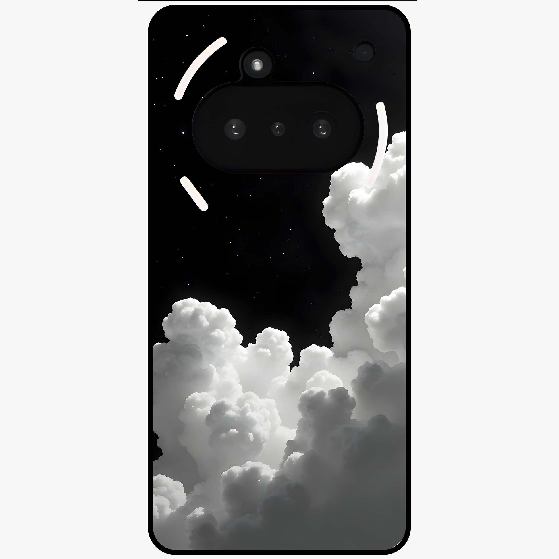 Black Background With White Cloud Glass Case showing flat back view with minimal cloud artwork on dark background and glossy glass finish.