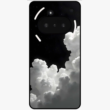 Black Background With White Cloud Glass Case showing flat back view with minimal cloud artwork on dark background and glossy glass finish.