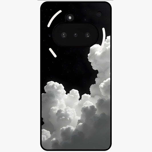Black Background With White Cloud Glass Case showing flat back view with minimal cloud artwork on dark background and glossy glass finish.