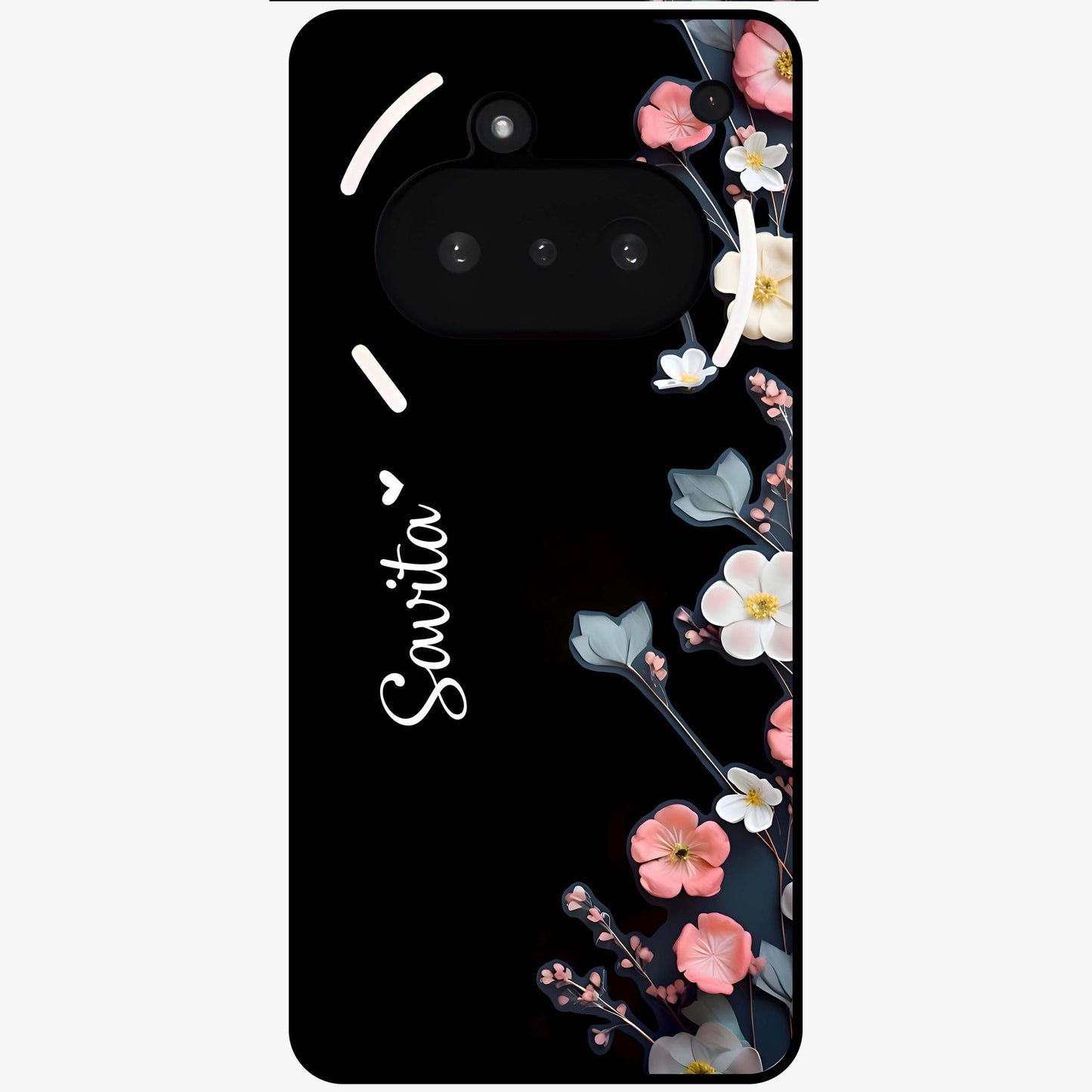 Black Elegance Floral Custom Name Glass Case showing flat back view with elegant floral artwork and personalized name design.