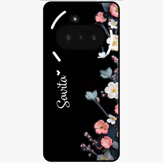 Black Elegance Floral Custom Name Glass Case showing flat back view with elegant floral artwork and personalized name design.