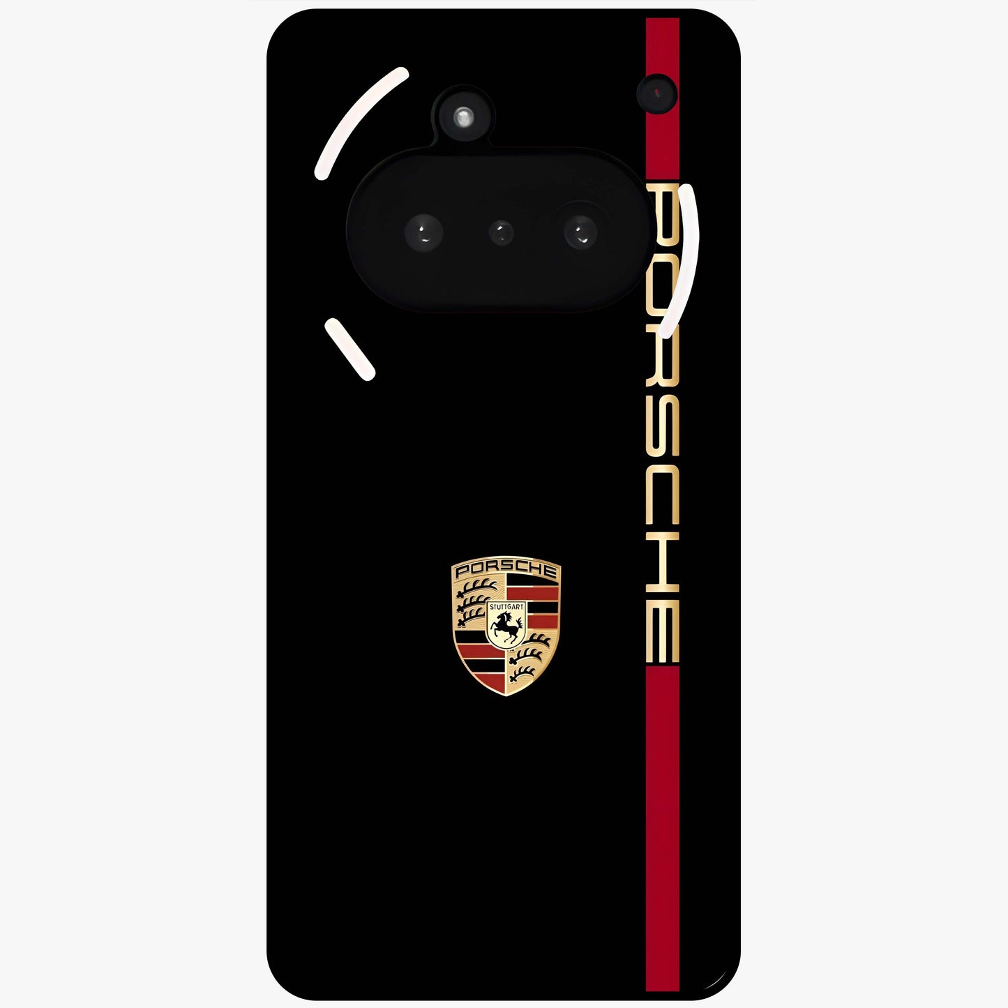 Black Minimal Porsche Glass Case showing flat back view with sleek minimal sports car artwork and glossy glass finish.