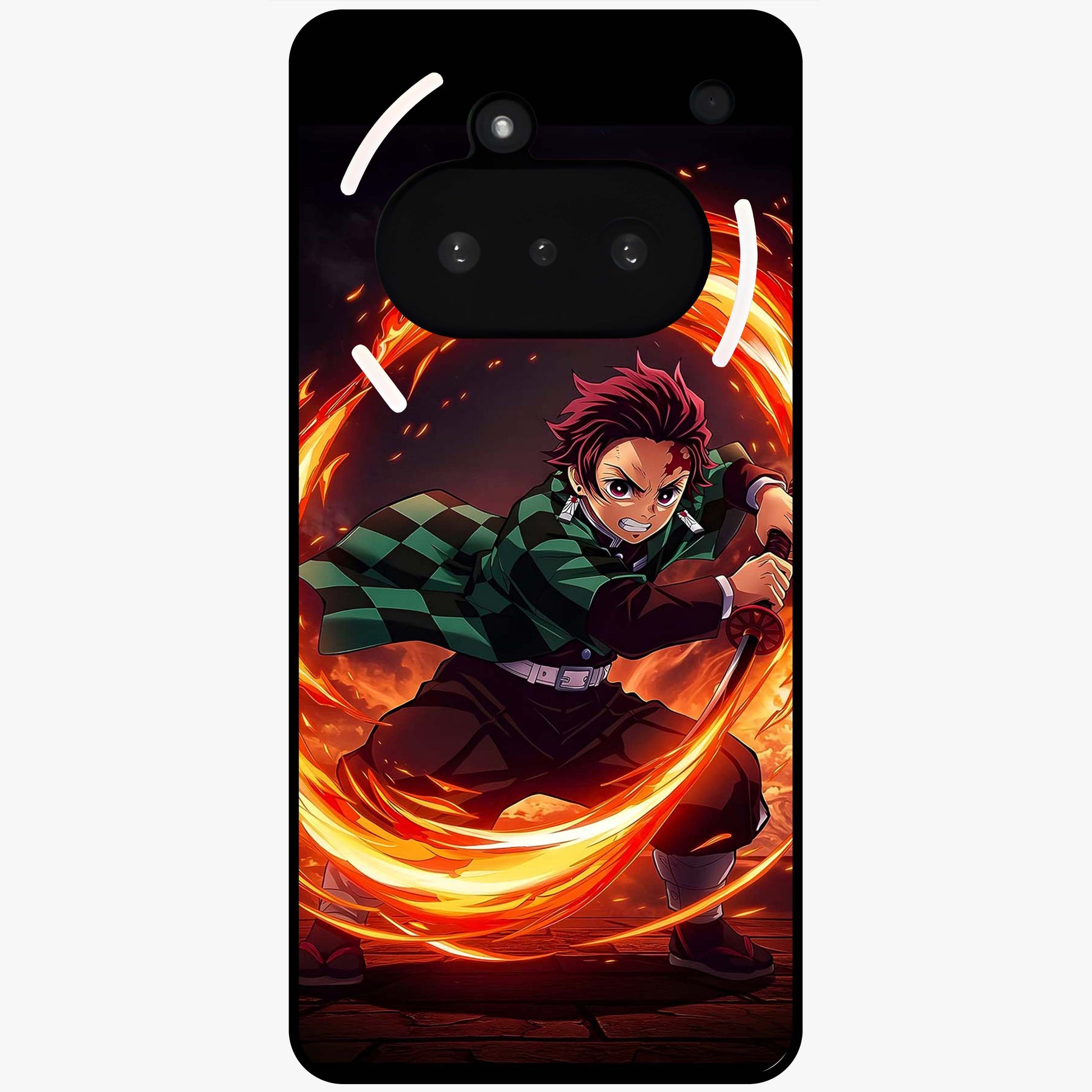 Blazing Sword Resolve Glass Case showing flat back view with fiery sword artwork and glossy glass finish.