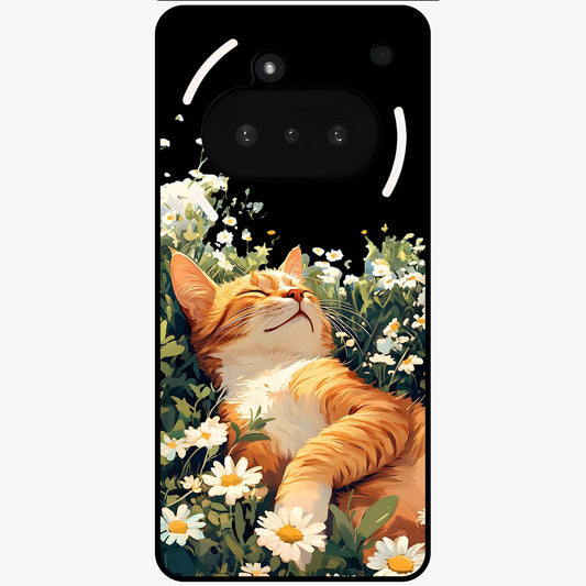 Blissful Bloom Cat Glass Case showing flat back view with cute cat and floral bloom artwork and glossy glass finish.