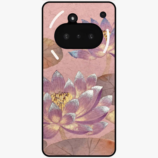 Blossom Mist Lotus Glass Case showing flat back view with serene lotus blossom artwork and glossy glass finish.