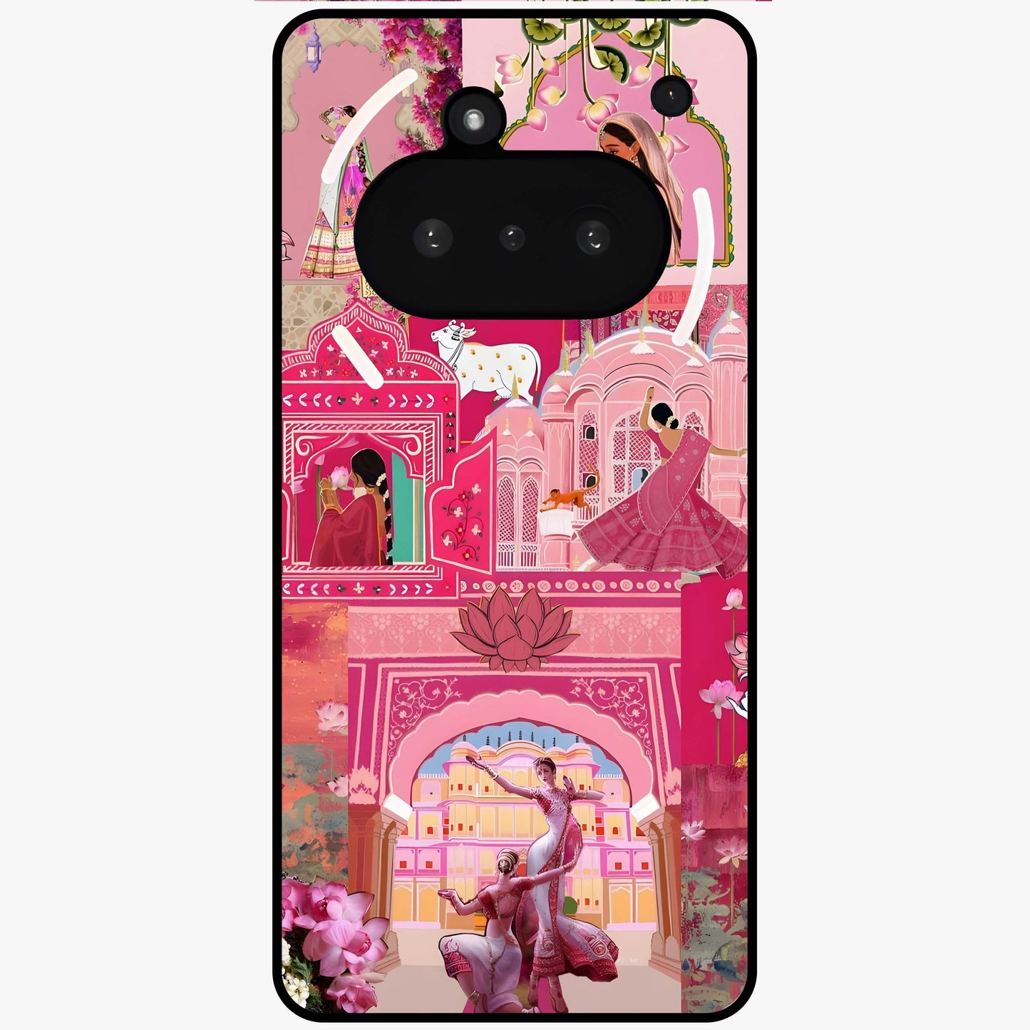 Blossoms of Rajasthan Glass Case showing flat back view with traditional floral artwork inspired by Rajasthan and glossy glass finish.