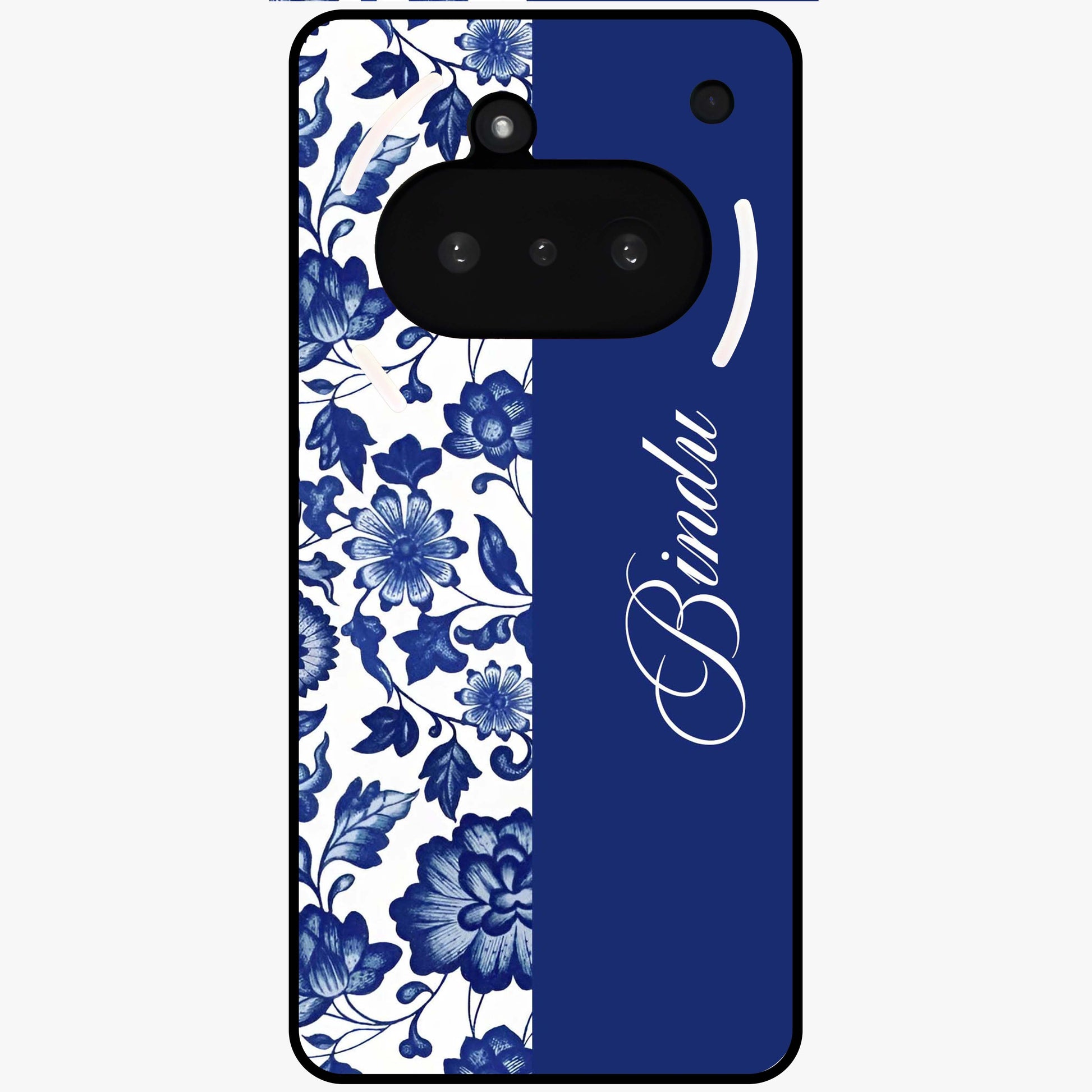 Blue Vintage Floral Pattern Glass Case upright view showcasing timeless floral illustration with vintage inspired style.