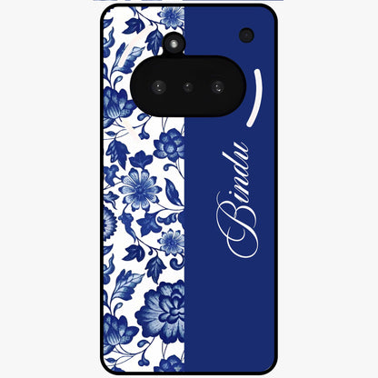 Blue Vintage Floral Pattern Glass Case upright view showcasing timeless floral illustration with vintage inspired style.