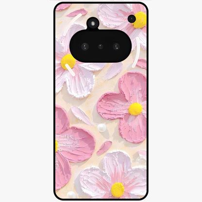 Blush Bloom Texture Glass Case showing flat back view with soft blush floral texture artwork and glossy glass finish.