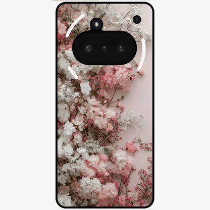 Blush Blossom Cloud Glass Case showing flat back view with dreamy blush cloud blossom artwork and glossy glass finish.