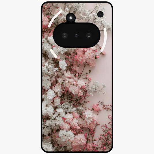 Blush Blossom Cloud Glass Case showing flat back view with dreamy blush cloud blossom artwork and glossy glass finish.