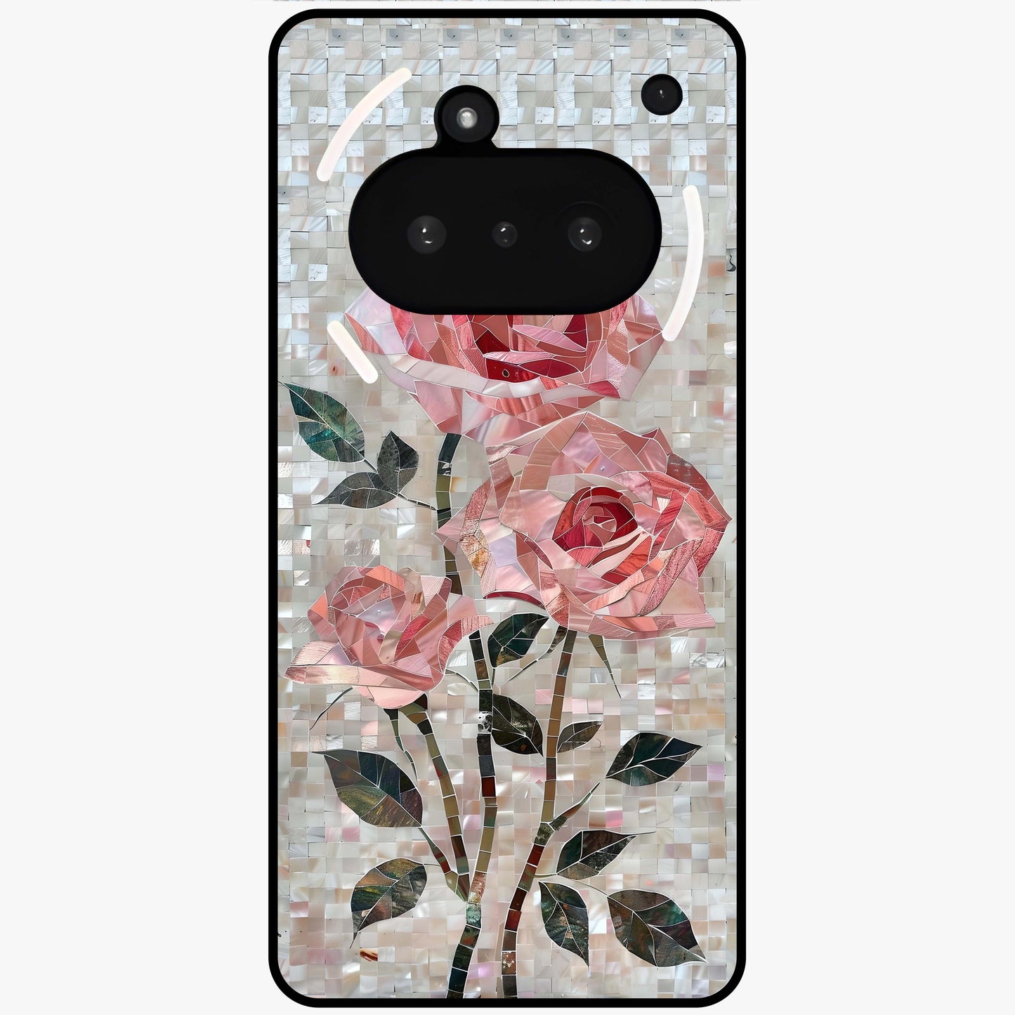 Blush Mosaic Bloom Glass Case showing flat back view with mosaic floral bloom artwork and glossy glass finish.