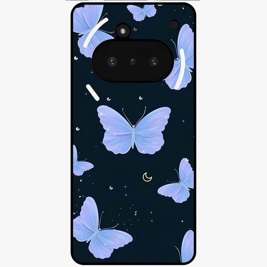 Butterfly With Stars Pattern Glass Case showing flat back view with butterfly and star pattern artwork and glossy glass finish.