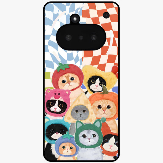 Cats in Fruits Glass Case showing flat back view with playful cat illustrations inside fruit artwork and glossy glass finish.