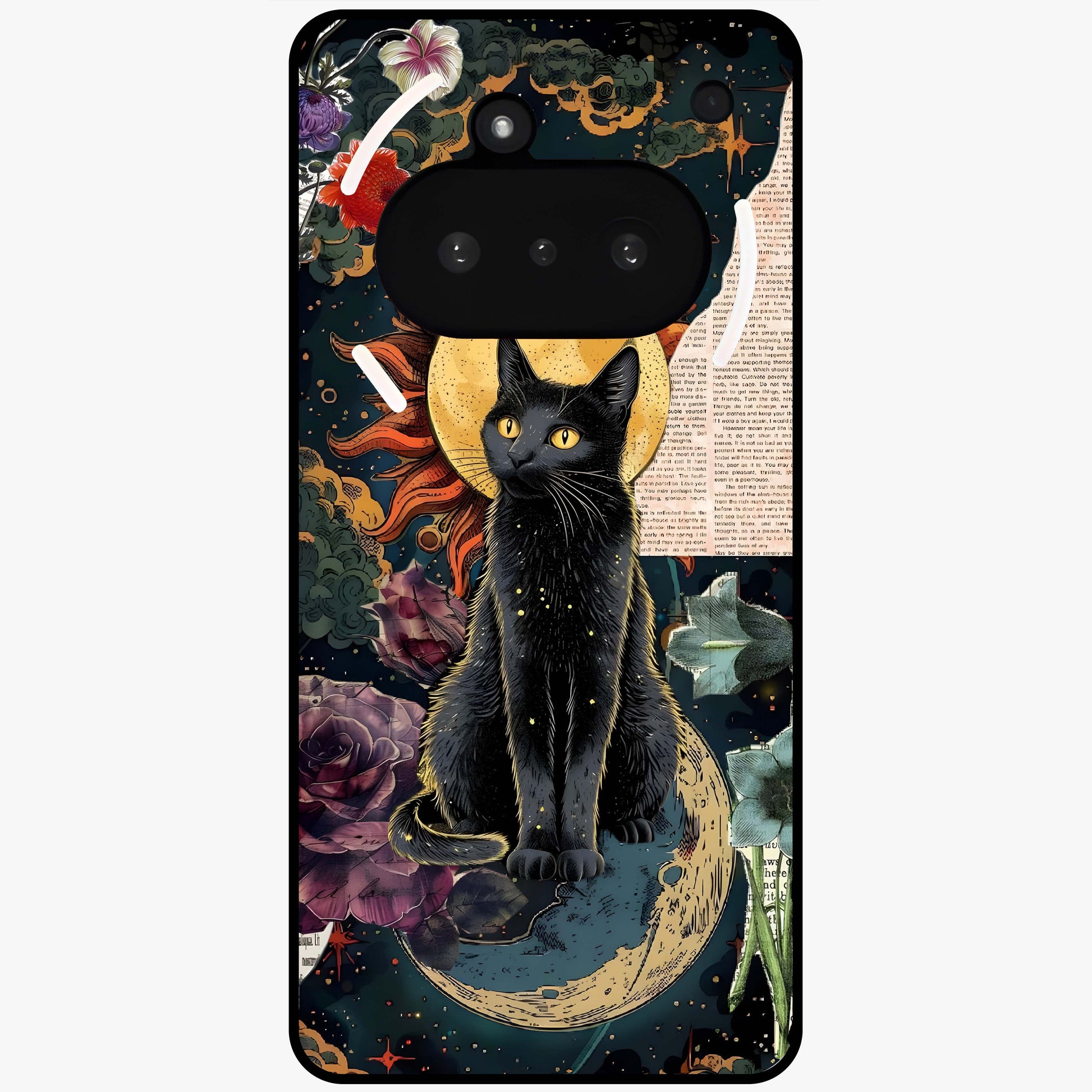 Celestial Black Cat Glass Case showing flat back view with mystical black cat artwork and glossy glass finish.
