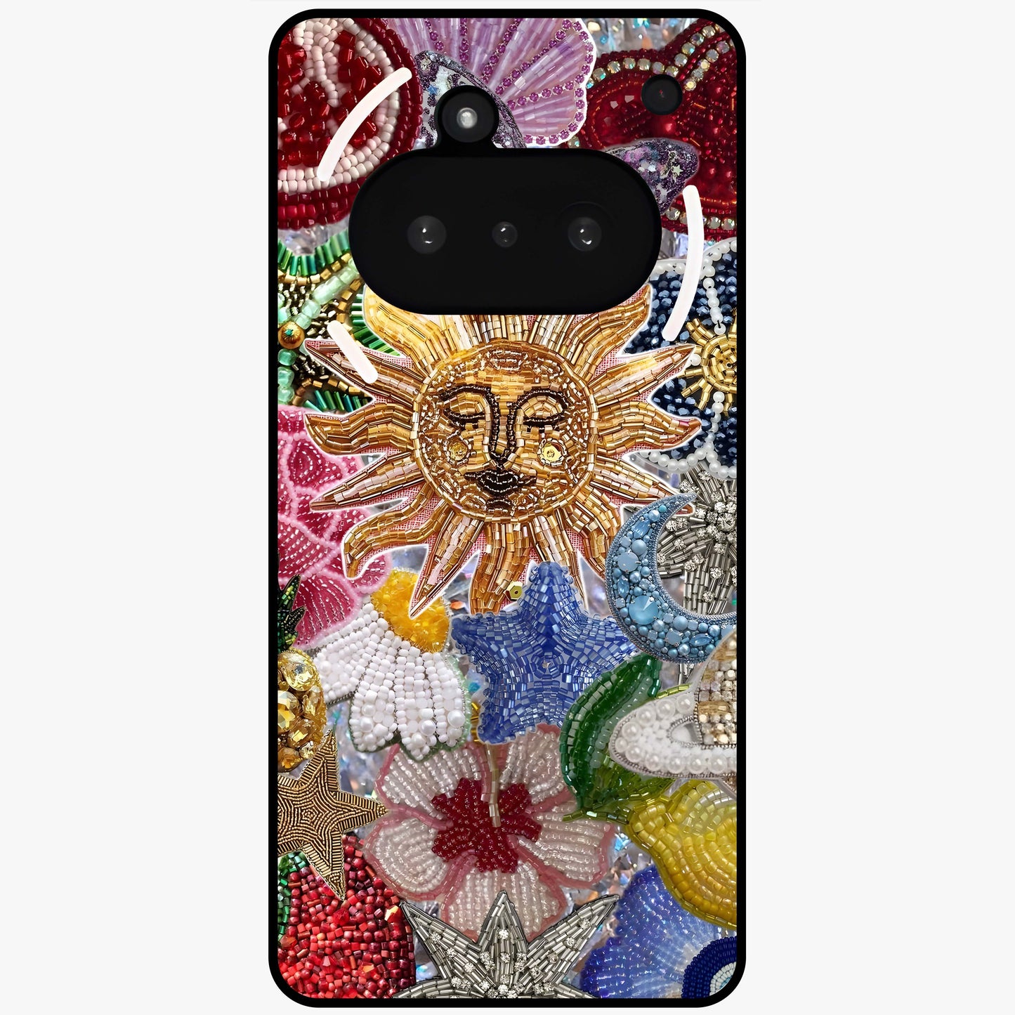 Celestial Floral and Playful Glass Case showing flat back view with floral and celestial themed artwork and glossy glass finish.