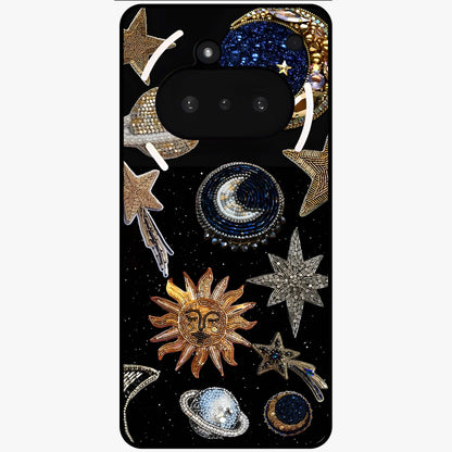 Celestial Gem Constellations Glass Case showing flat back view with sparkling constellation artwork and glossy glass finish.