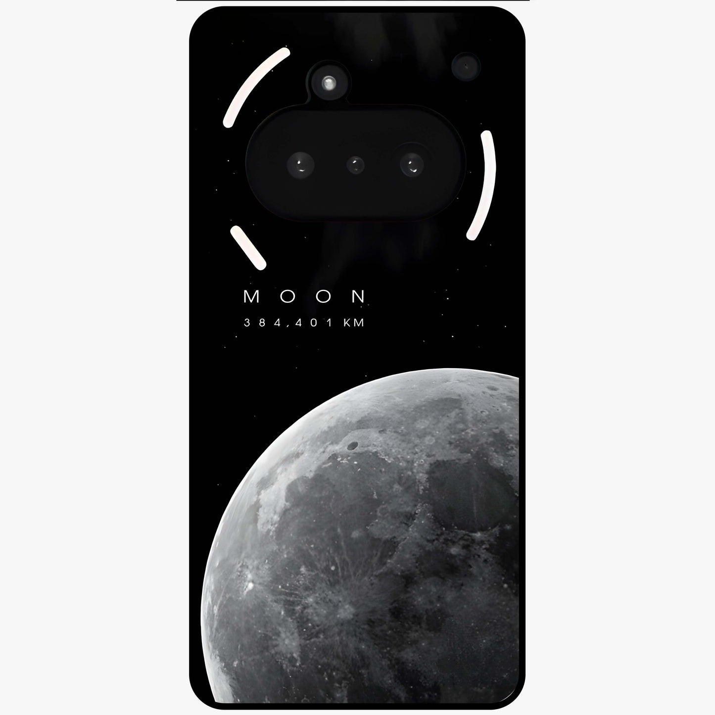Cosmic Moon Glow Glass Case showing flat back view with glowing moon artwork and glossy glass finish.
