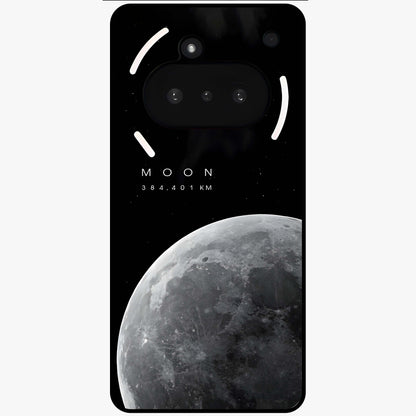 Cosmic Moon Glow Glass Case showing flat back view with glowing moon artwork and glossy glass finish.