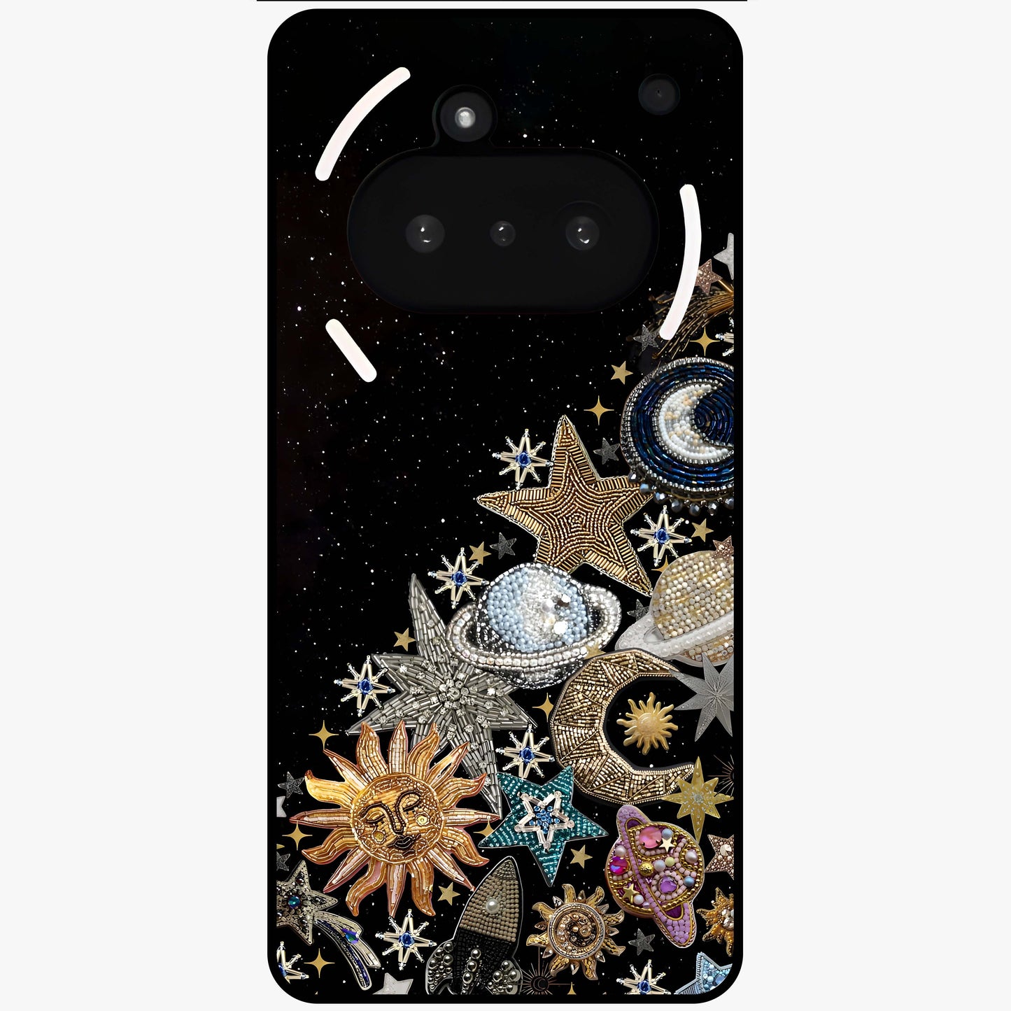 Cosmic Sparkle Dreams Glass Case showing flat back view with sparkling cosmic artwork and glossy glass finish.