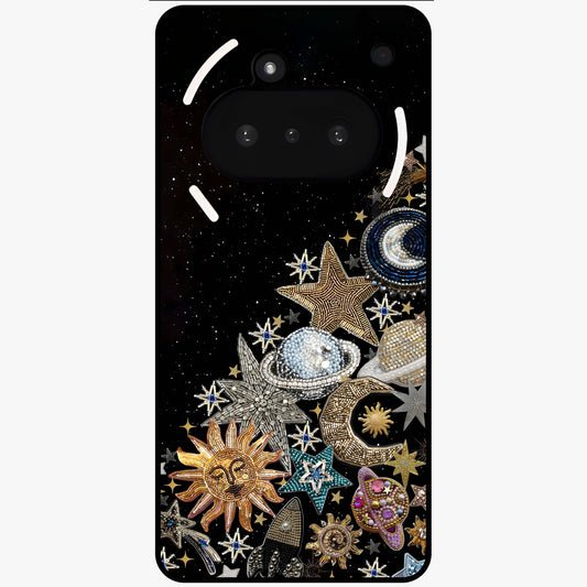 Cosmic Sparkle Dreams Glass Case showing flat back view with sparkling cosmic artwork and glossy glass finish.