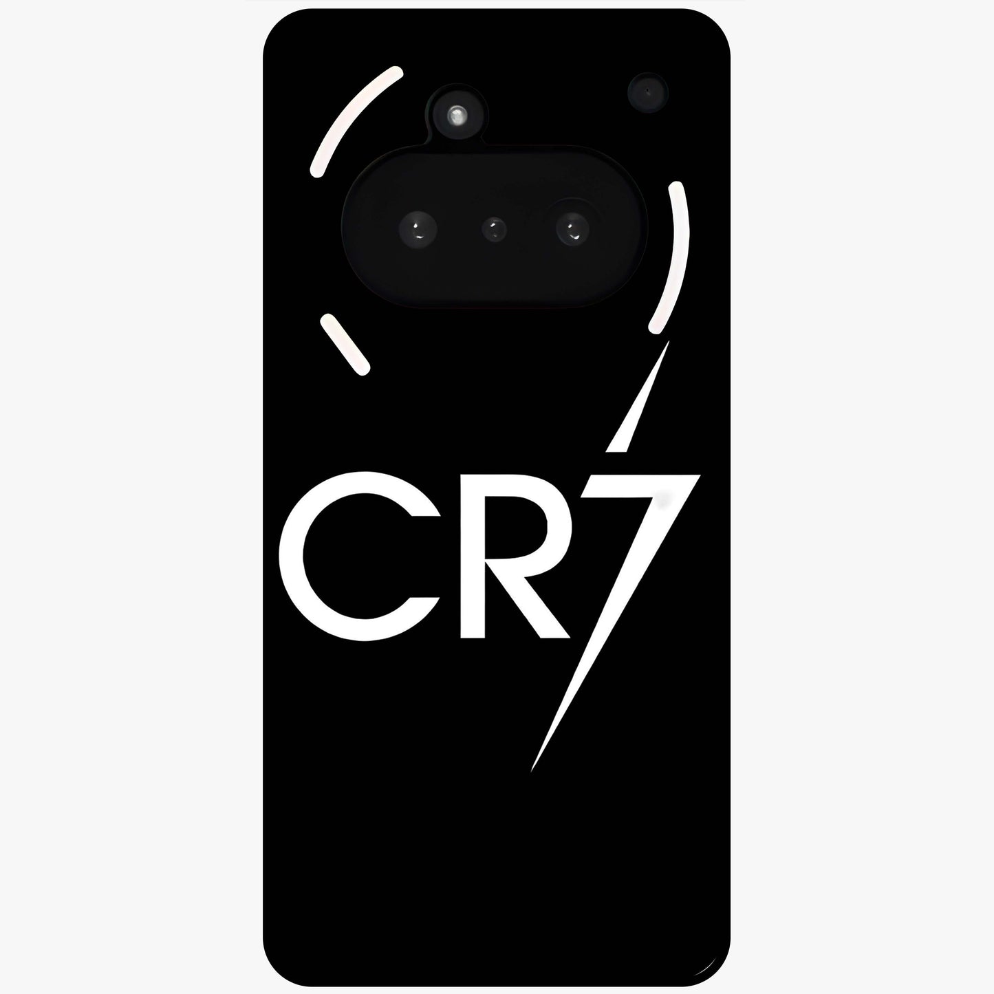Cr7 Elite Strike Glass Case showing flat back view with dynamic football inspired artwork and glossy glass finish.
