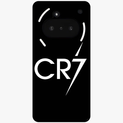Cr7 Elite Strike Glass Case showing flat back view with dynamic football inspired artwork and glossy glass finish.