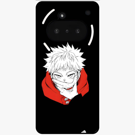 Crimson Chaos Smile Glass Case showing flat back view with bold chaotic smile artwork and glossy glass finish.