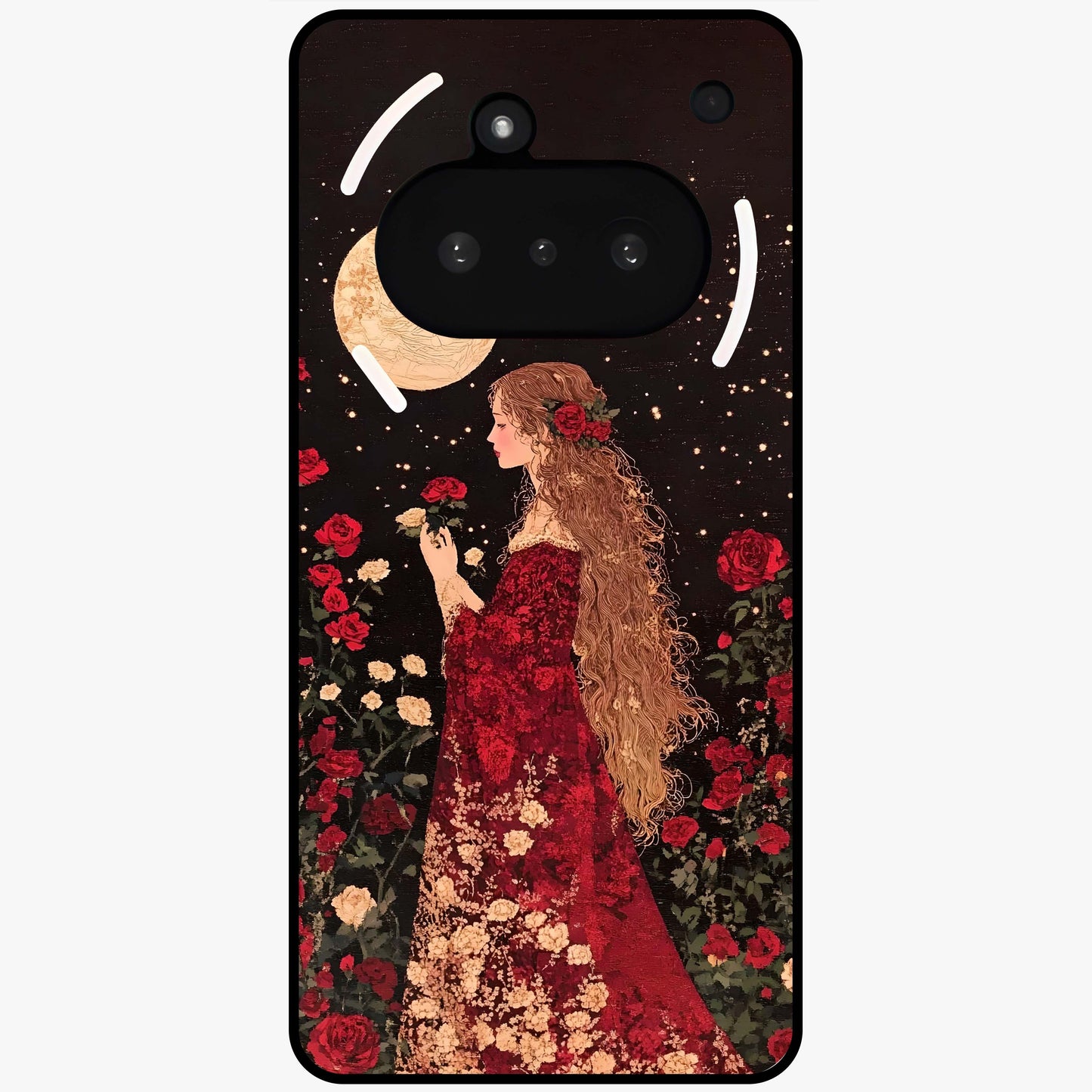 Crimson Dreams Glass Case showing flat back view with dreamy crimson artwork and glossy glass finish.