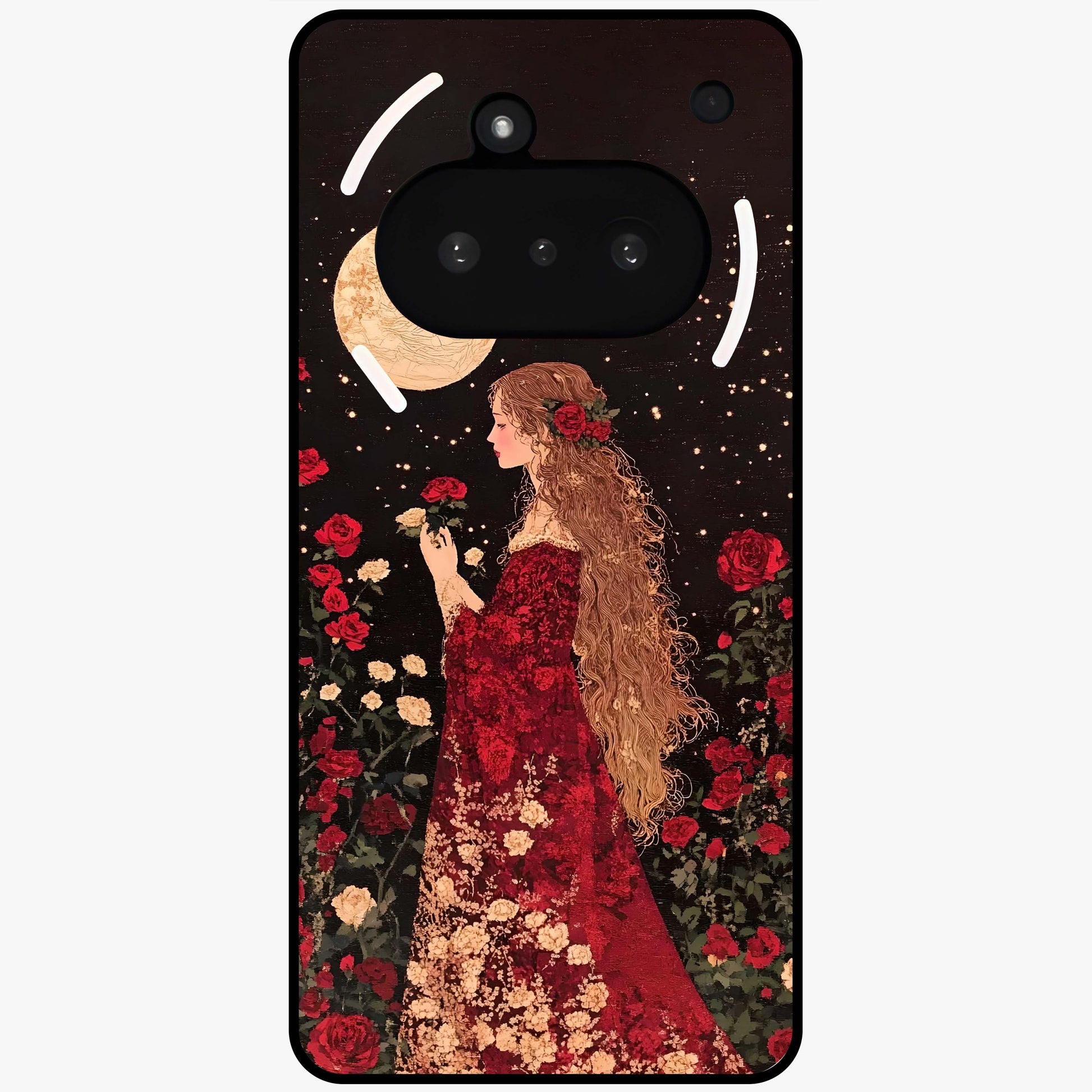 Crimson Dreams Glass Case showing flat back view with dreamy crimson artwork and glossy glass finish.