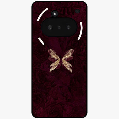 Crimson Fade Butterfly Glass Case showing flat back view with fading butterfly artwork and glossy glass finish.