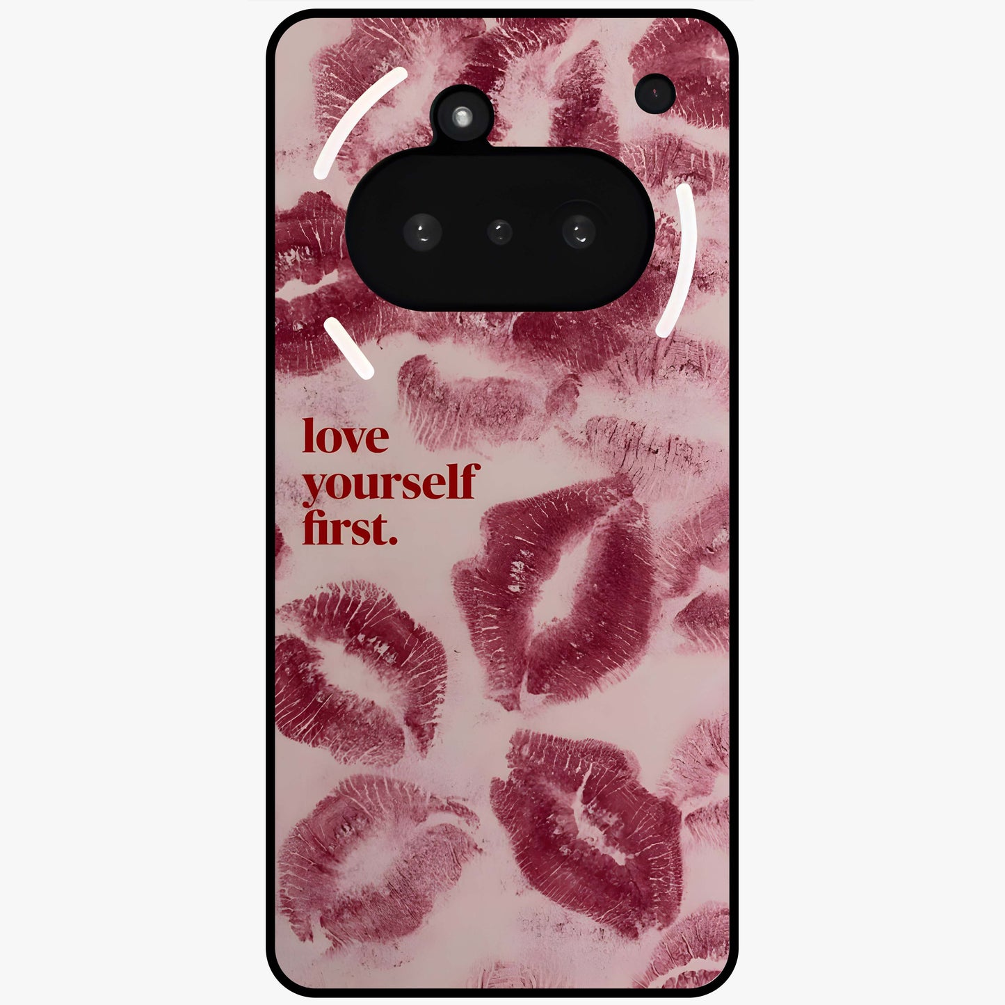 Crimson Kiss Love Glass Case showing flat back view with romantic crimson themed artwork and glossy glass finish.