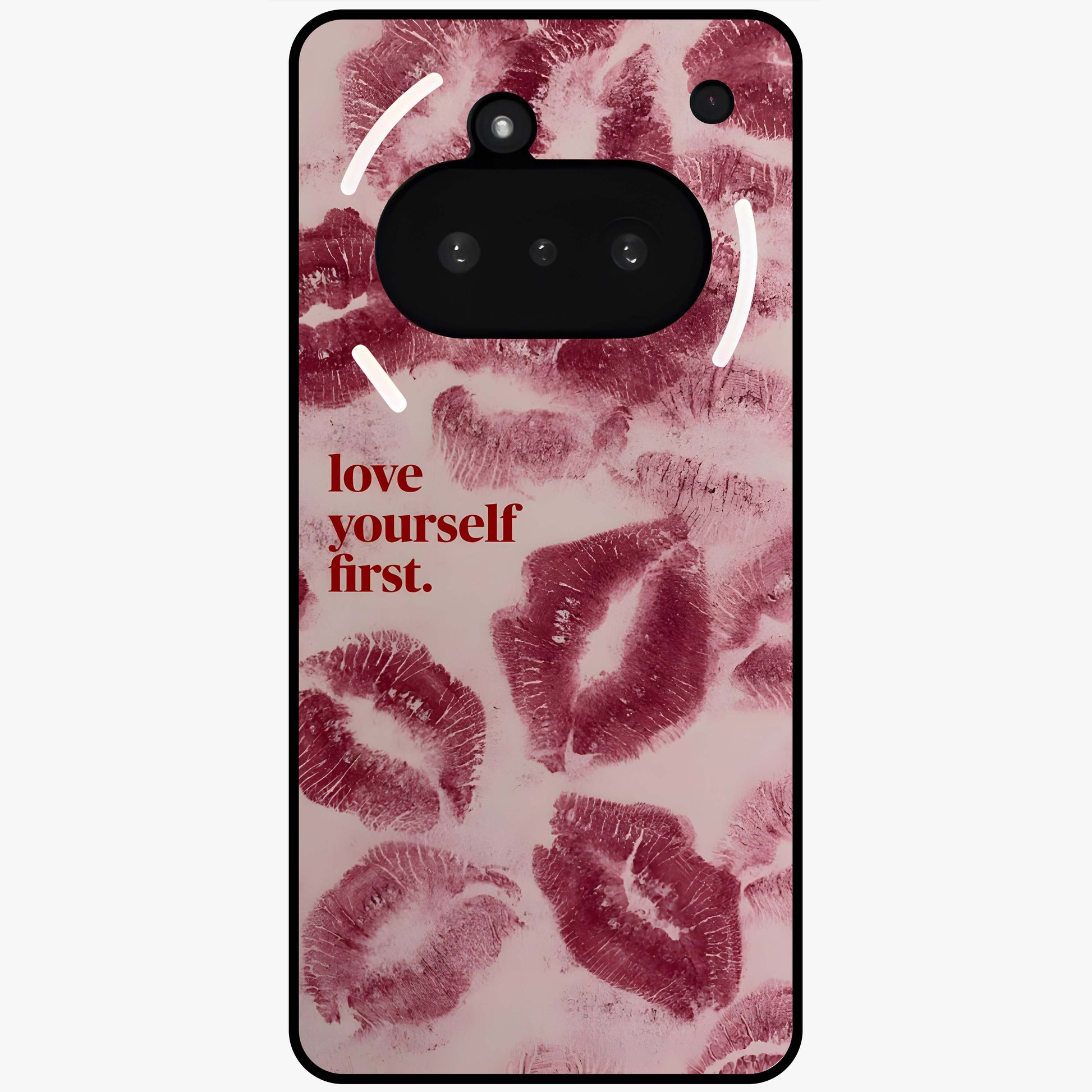 Crimson Kiss Love Glass Case showing flat back view with romantic crimson themed artwork and glossy glass finish.