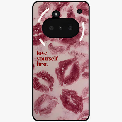 Crimson Kiss Love Glass Case showing flat back view with romantic crimson themed artwork and glossy glass finish.