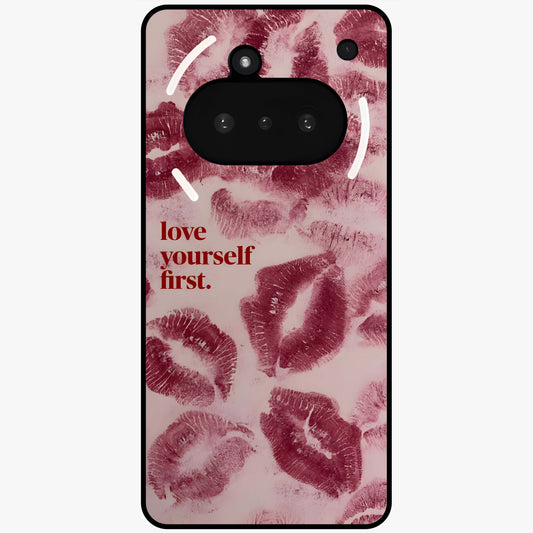 Crimson Kiss Love Glass Case showing flat back view with romantic crimson themed artwork and glossy glass finish.