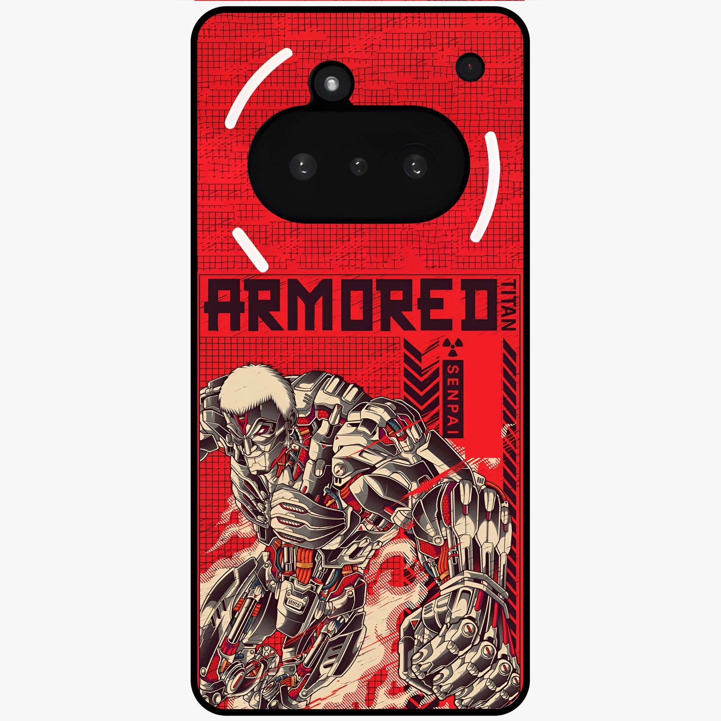 Crimson Mecha Titan Glass Case showing flat back view with powerful mech titan artwork and glossy glass finish.