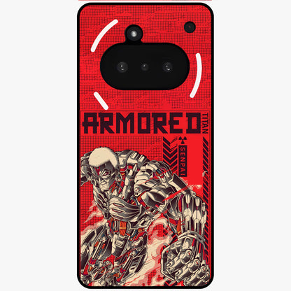 Crimson Mecha Titan Glass Case showing flat back view with powerful mech titan artwork and glossy glass finish.