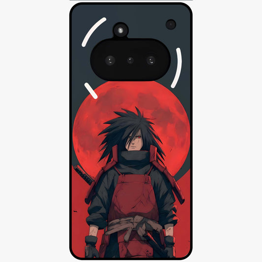 Crimson Moon Warlord Glass Case showing flat back view with mystical moon warrior artwork and glossy glass finish.
