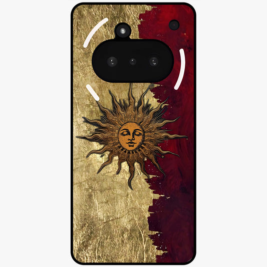 Crimson Sun Majesty Glass Case showing flat back view with radiant sun inspired artwork and glossy glass finish.